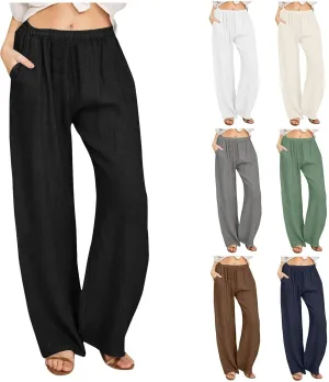 Womens Summer Cotton Linen Pants Casual Wide Leg Drawstring Waist Palazzo Pant Loose Beach Lounge Trousers