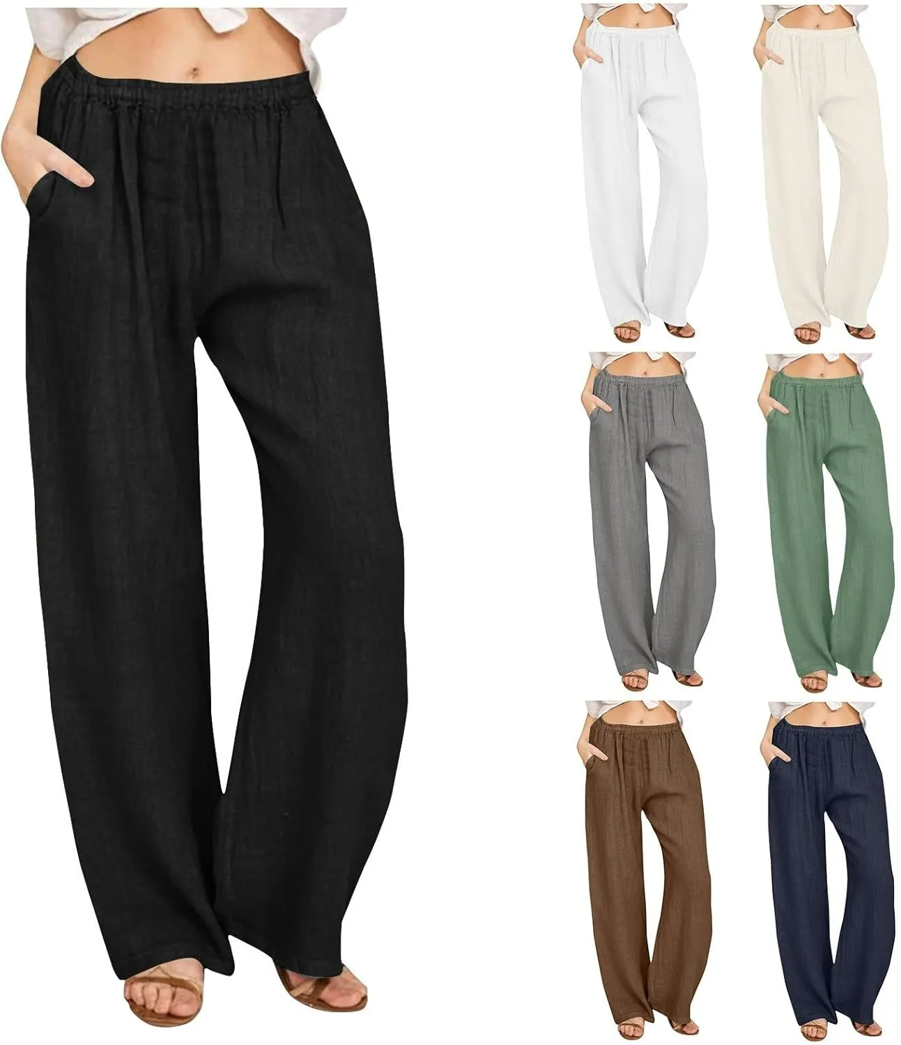 Womens Summer Cotton Linen Pants Casual Wide Leg Drawstring Waist Palazzo Pant Loose Beach Lounge Trousers