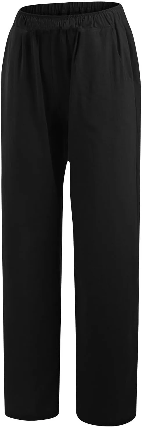 Womens Summer Cotton Linen Pants Casual Wide Leg Drawstring Waist Palazzo Pant Loose Beach Lounge Trousers