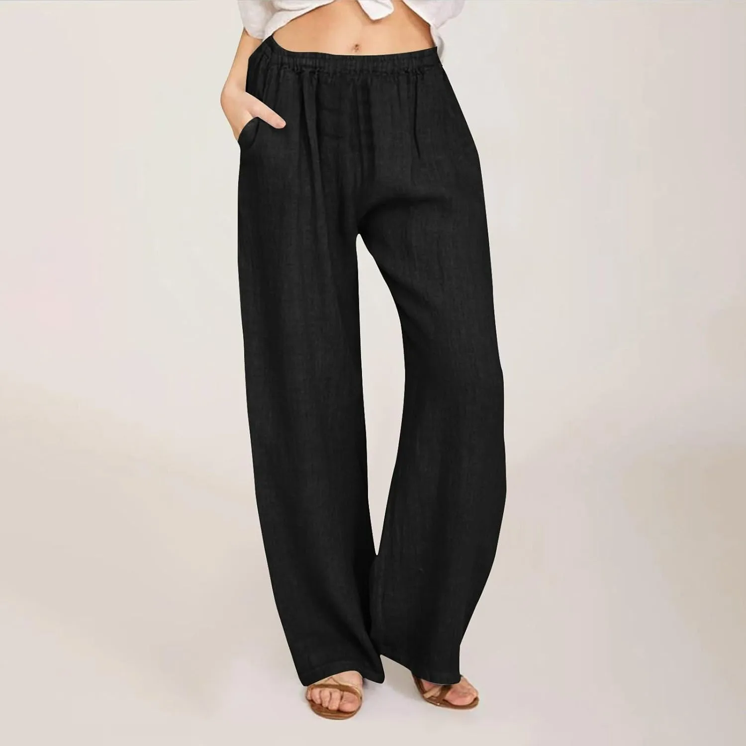 Womens Summer Cotton Linen Pants Casual Wide Leg Drawstring Waist Palazzo Pant Loose Beach Lounge Trousers