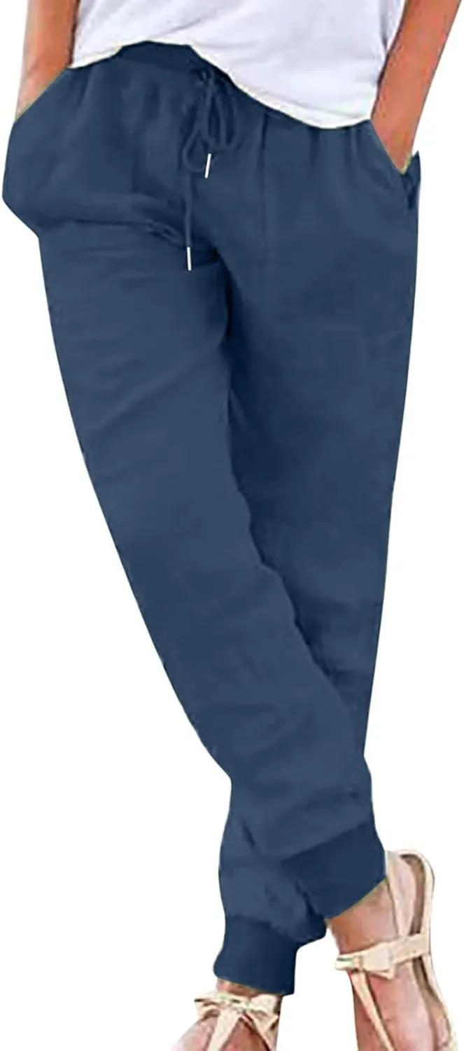 Womens Summer Cotton Tapered Pants Soft Linen Drawstring Elastic Waist Pants Casual Work Trousers with Pockets