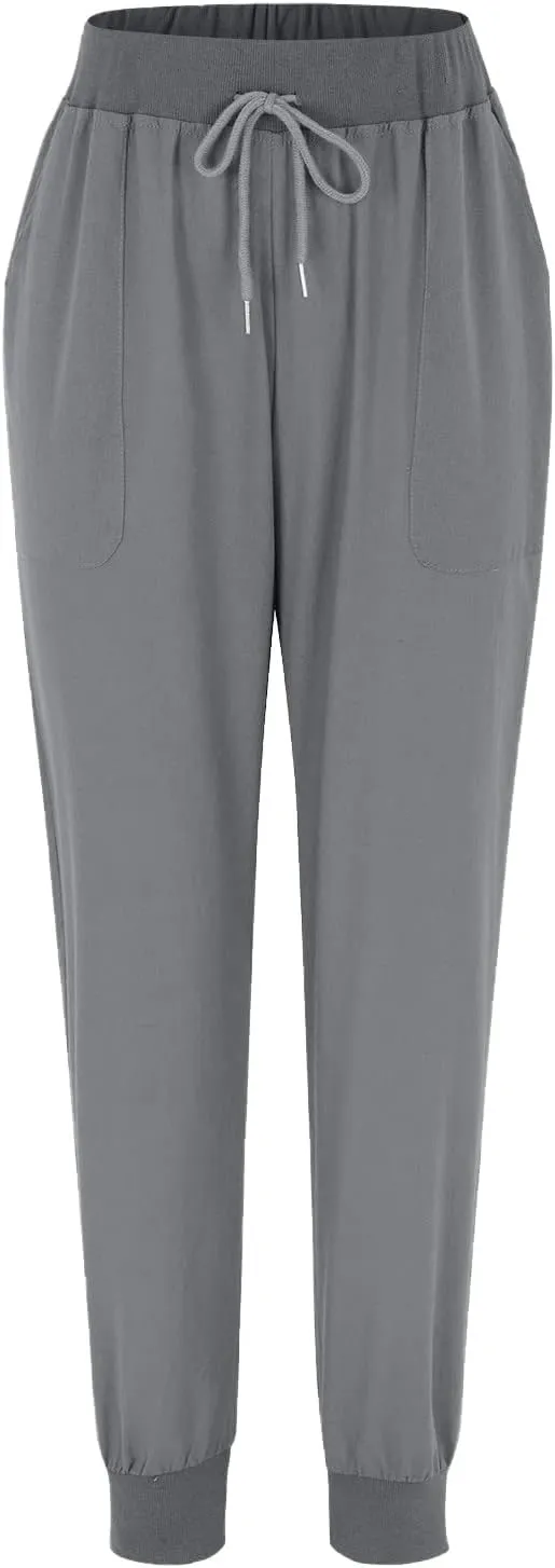Womens Summer Cotton Tapered Pants Soft Linen Drawstring Elastic Waist Pants Casual Work Trousers with Pockets