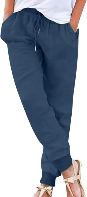 Womens Summer Cotton Tapered Pants Soft Linen Drawstring Elastic Waist Pants Casual Work Trousers with Pockets