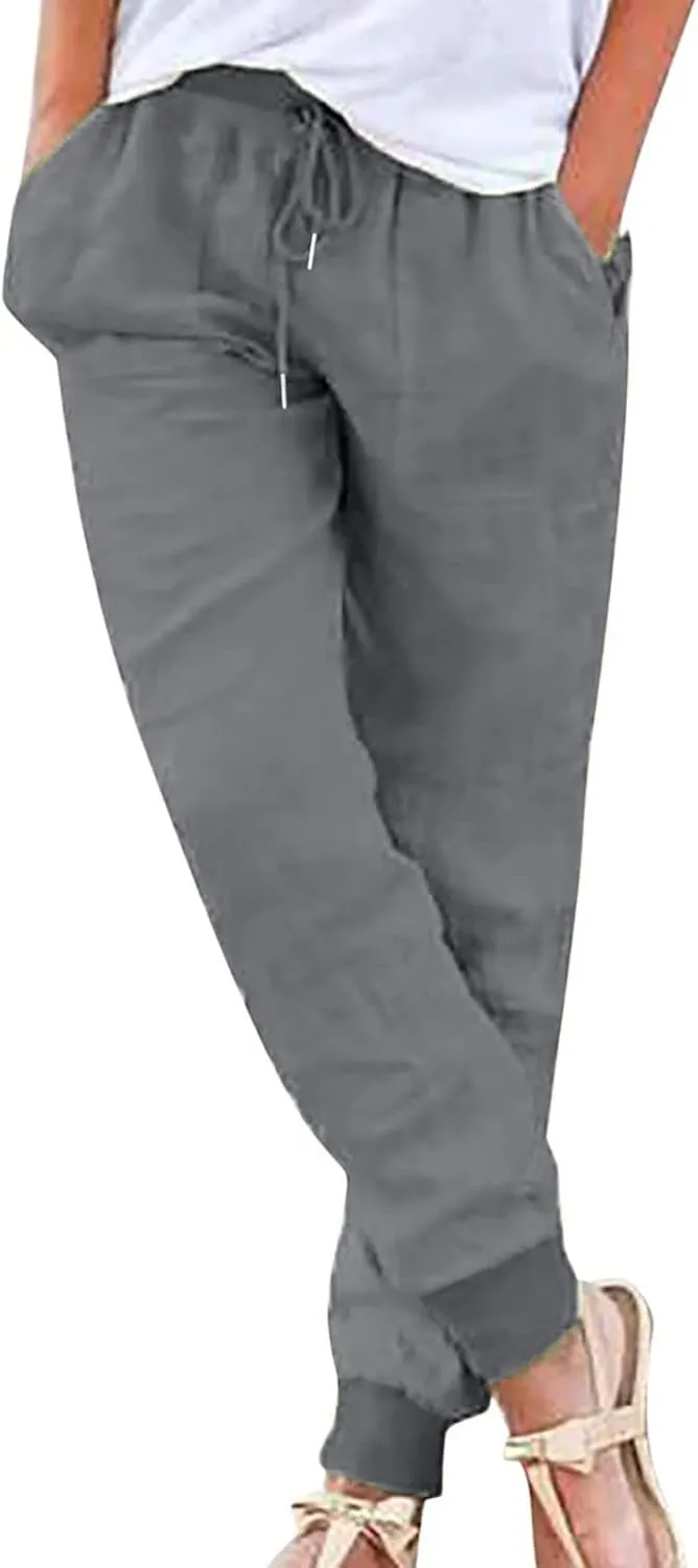 Womens Summer Cotton Tapered Pants Soft Linen Drawstring Elastic Waist Pants Casual Work Trousers with Pockets