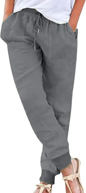 Womens Summer Cotton Tapered Pants Soft Linen Drawstring Elastic Waist Pants Casual Work Trousers with Pockets