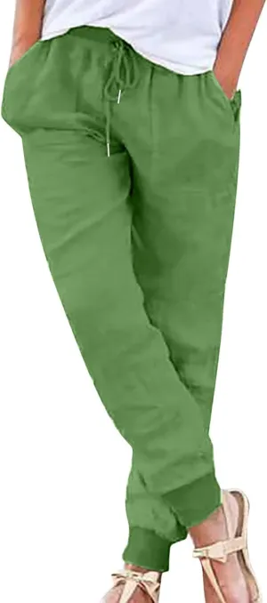 Womens Summer Cotton Tapered Pants Soft Linen Drawstring Elastic Waist Pants Casual Work Trousers with Pockets