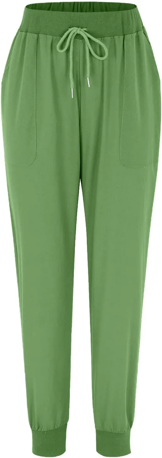Womens Summer Cotton Tapered Pants Soft Linen Drawstring Elastic Waist Pants Casual Work Trousers with Pockets