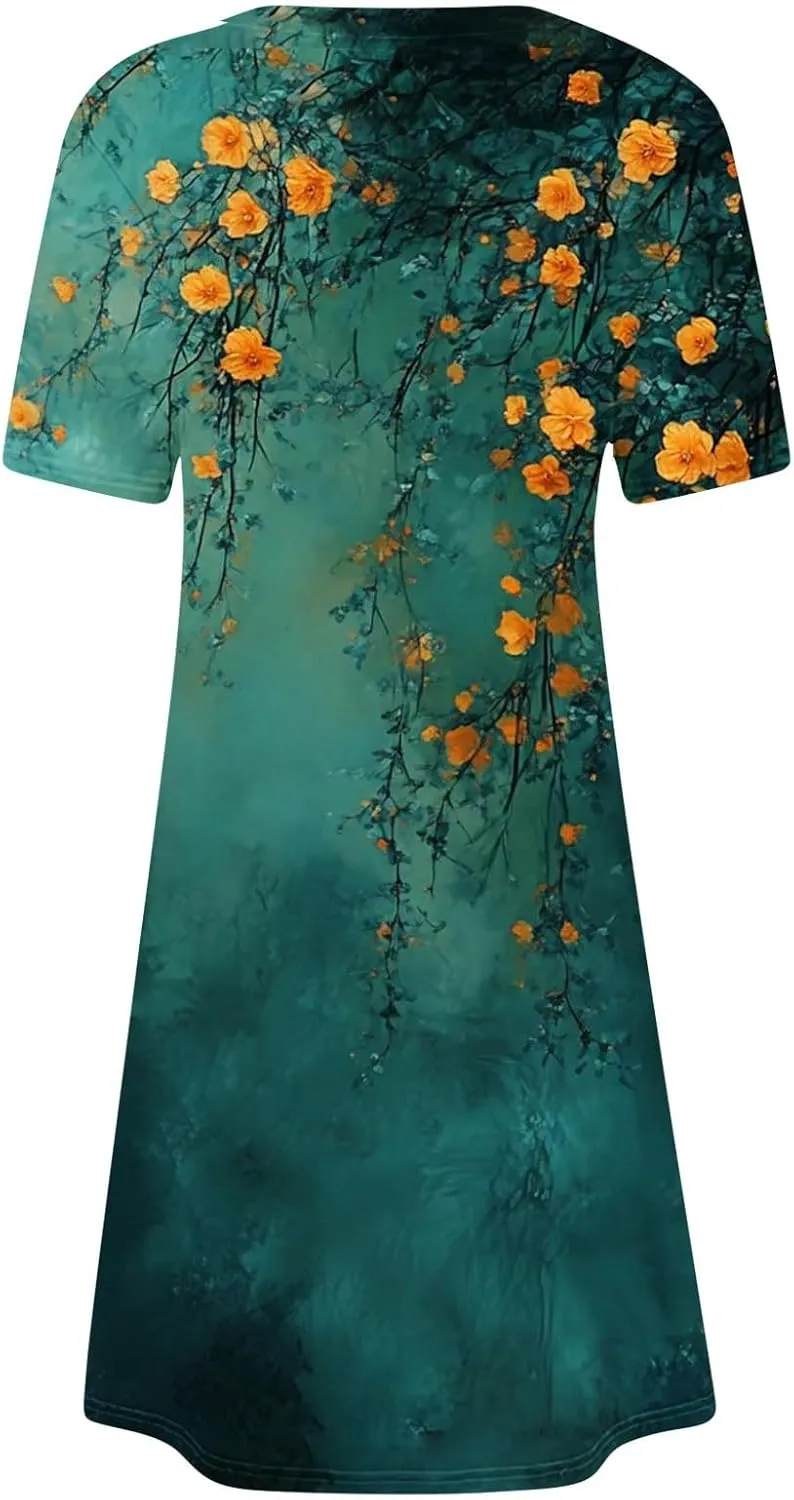 Womens Summer Floral Printed T-Shirt Dresses Casual Pleated Short Sleeve A-Line Beach Dress Flowy Vacation Dresses