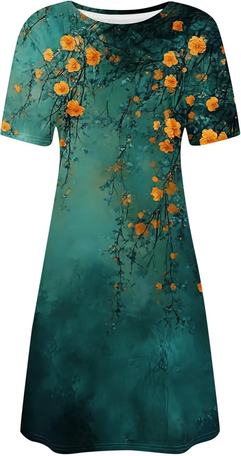 Womens Summer Floral Printed T-Shirt Dresses Casual Pleated Short Sleeve A-Line Beach Dress Flowy Vacation Dresses