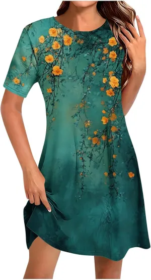Womens Summer Floral Printed T-Shirt Dresses Casual Pleated Short Sleeve A-Line Beach Dress Flowy Vacation Dresses