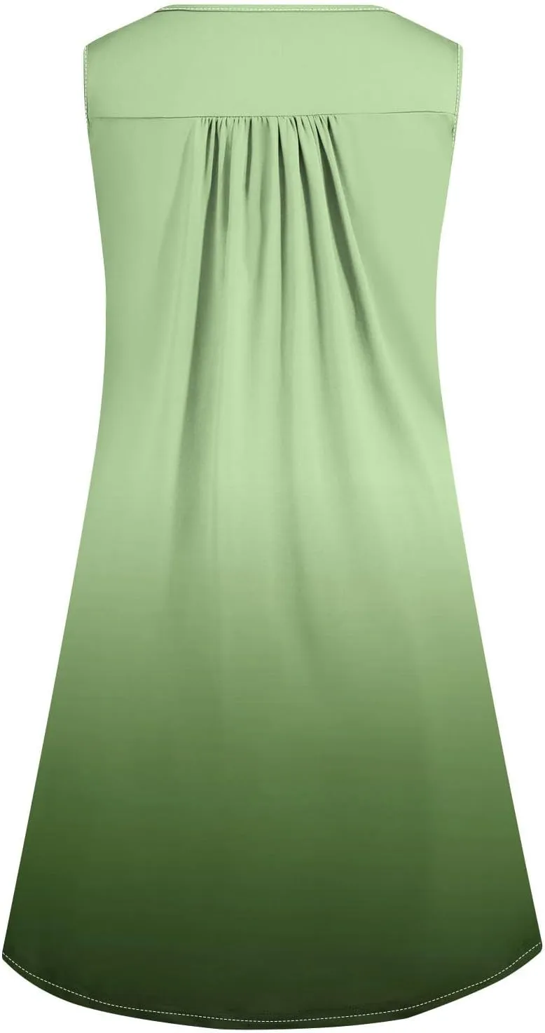 Womens Summer Sundresses Gradient Button V-Neck Pleated A-Line Dress Casual Straps Beach Dresses