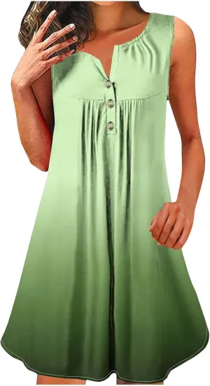Womens Summer Sundresses Gradient Button V-Neck Pleated A-Line Dress Casual Straps Beach Dresses