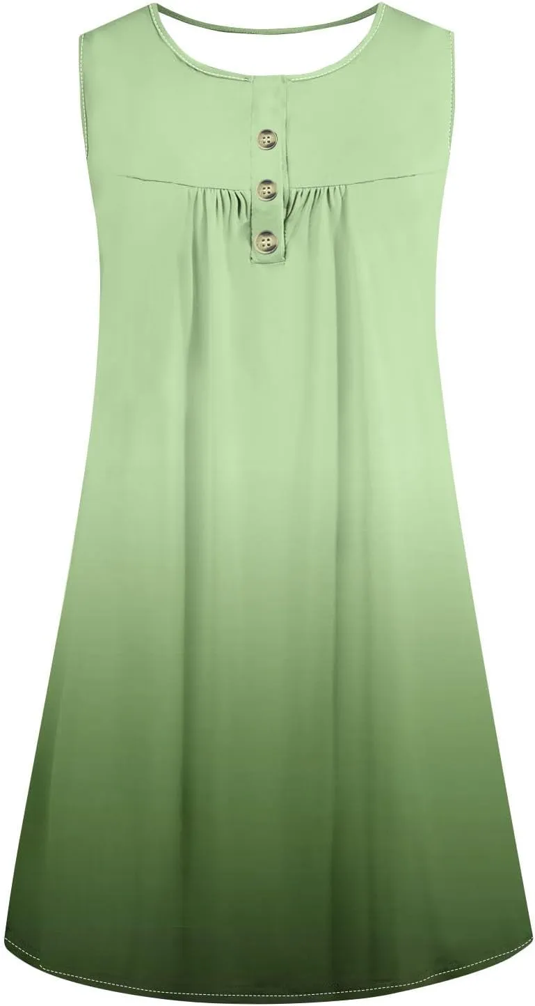 Womens Summer Sundresses Gradient Button V-Neck Pleated A-Line Dress Casual Straps Beach Dresses