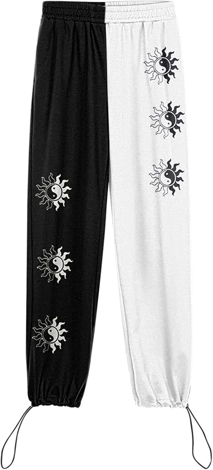 Women's Sweatpants Casual Loose Patchwork Lounge Trousers with Pockets High Waist Drawstring Cinch Bottom Jogger Pants