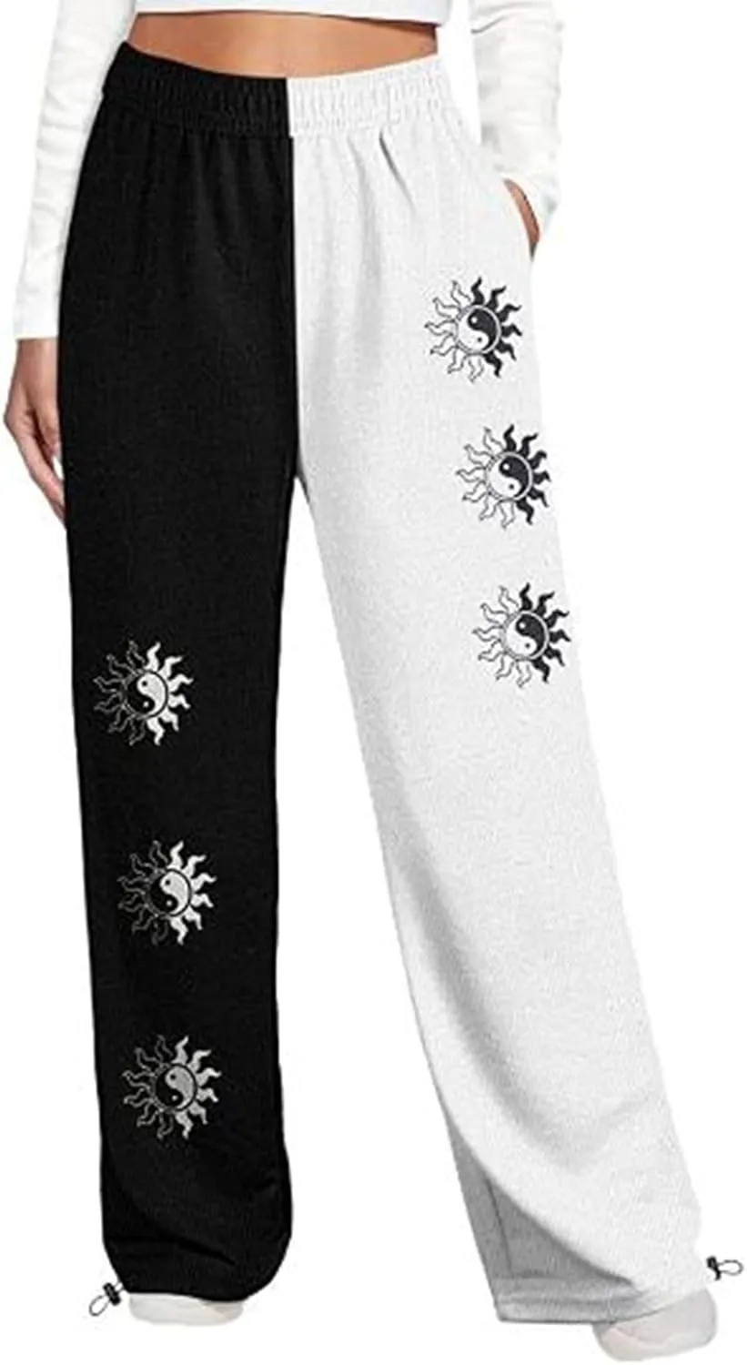 Women's Sweatpants Casual Loose Patchwork Lounge Trousers with Pockets High Waist Drawstring Cinch Bottom Jogger Pants