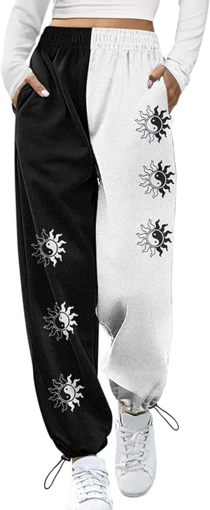 Women's Sweatpants Casual Loose Patchwork Lounge Trousers with Pockets High Waist Drawstring Cinch Bottom Jogger Pants