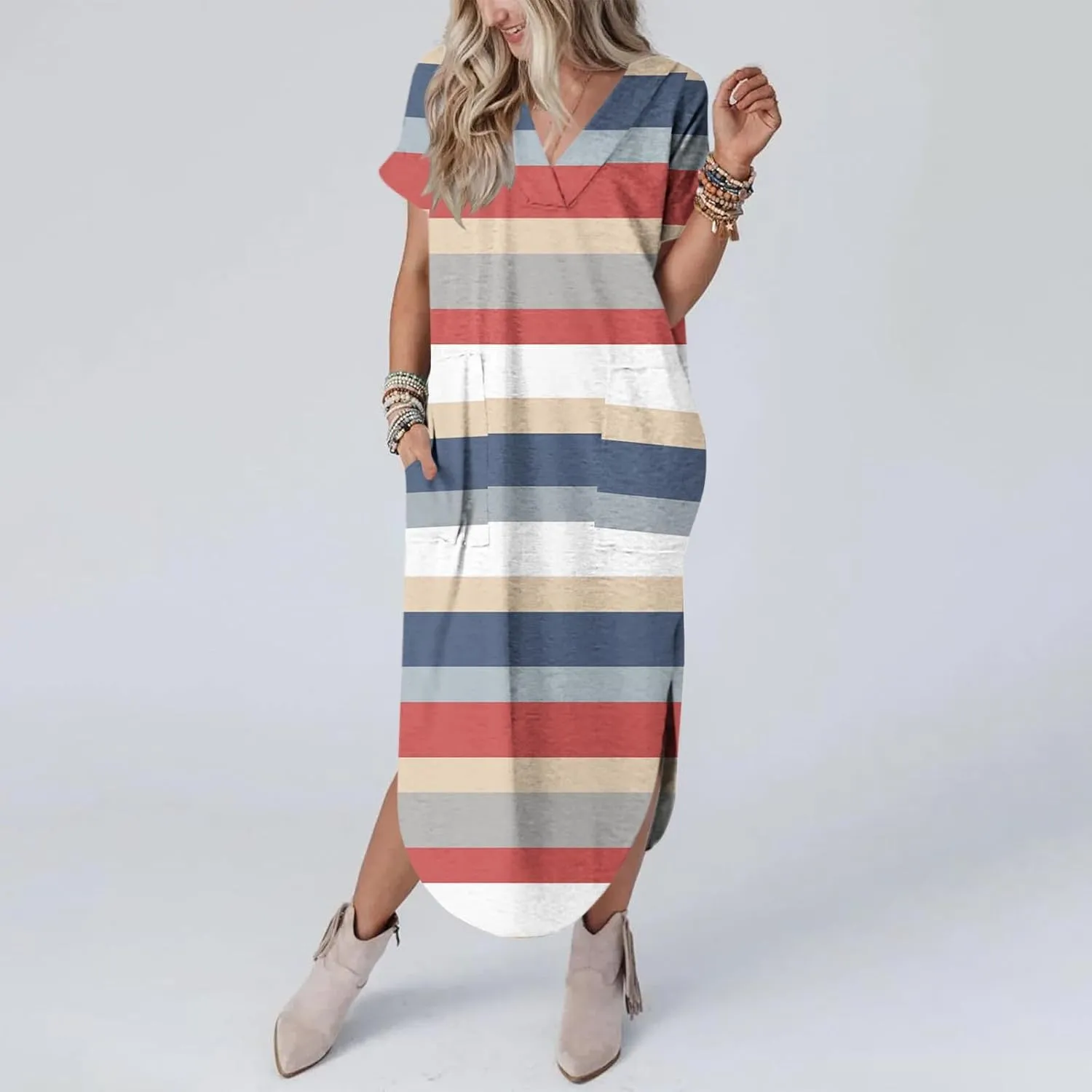 Womens Vintage Boho Sundress Casual V-Neck Short Sleeve Spring Summer Dresses Floral Printed Fashion Midi Dress
