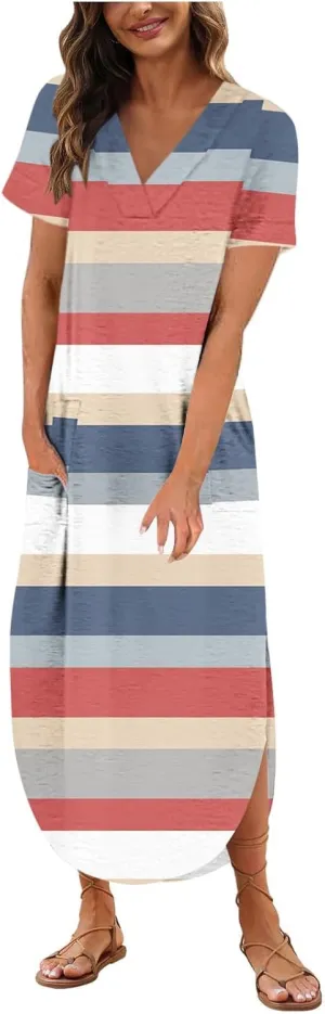 Womens Vintage Boho Sundress Casual V-Neck Short Sleeve Spring Summer Dresses Floral Printed Fashion Midi Dress