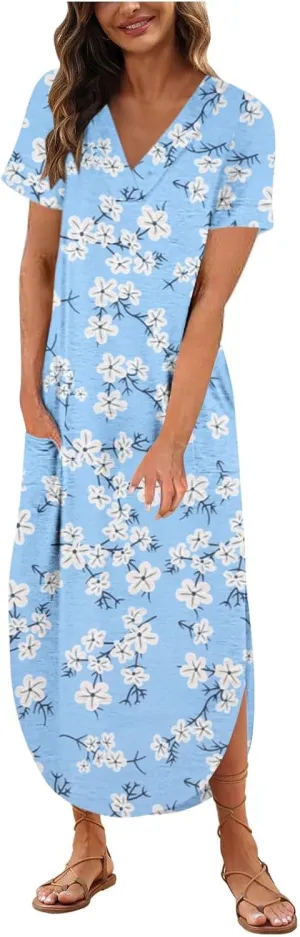 Womens Vintage Boho Sundress Casual V-Neck Short Sleeve Spring Summer Dresses Floral Printed Fashion Midi Dress