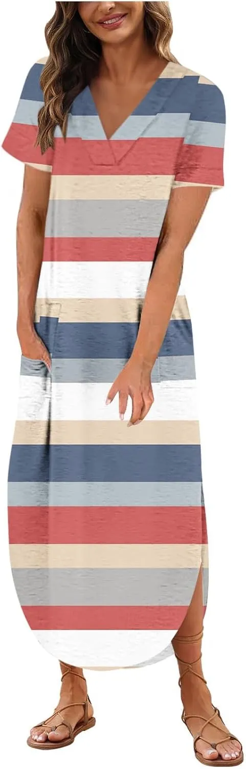 Womens Vintage Boho Sundress Casual V-Neck Short Sleeve Spring Summer Dresses Floral Printed Fashion Midi Dress