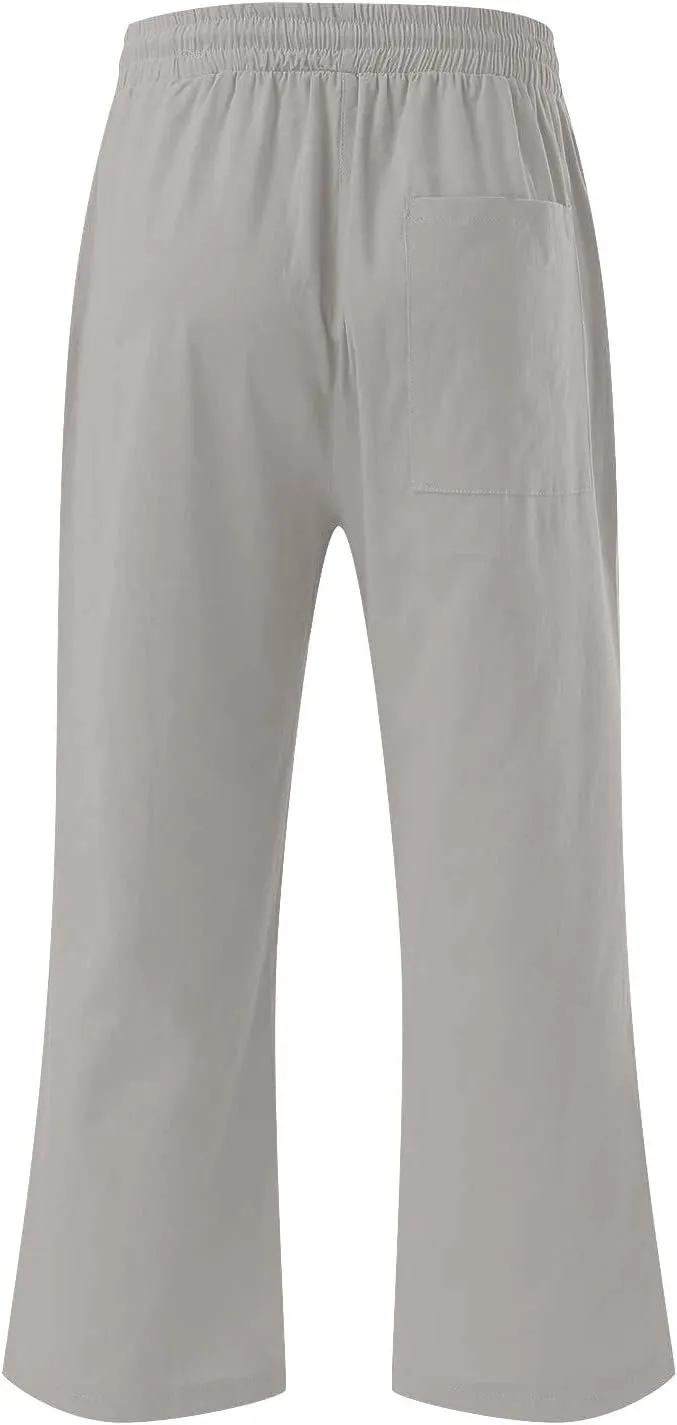 Womens Wide Leg Capris Casual Summer Elastic High Waist Cotton Linen Carpi Pants Loose Comfy Cropped Lounge Trousers
