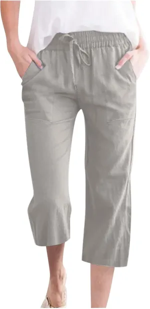 Womens Wide Leg Capris Casual Summer Elastic High Waist Cotton Linen Carpi Pants Loose Comfy Cropped Lounge Trousers