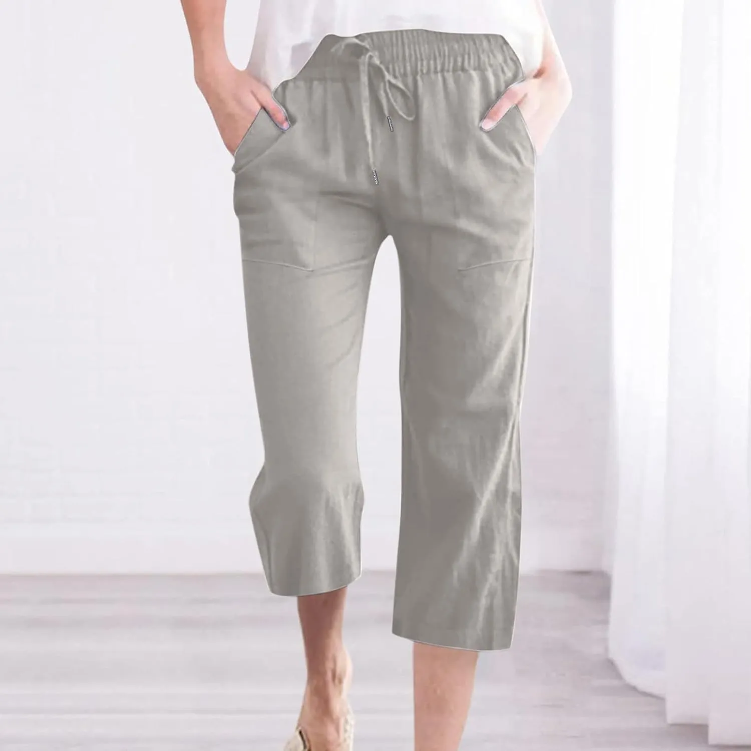 Womens Wide Leg Capris Casual Summer Elastic High Waist Cotton Linen Carpi Pants Loose Comfy Cropped Lounge Trousers