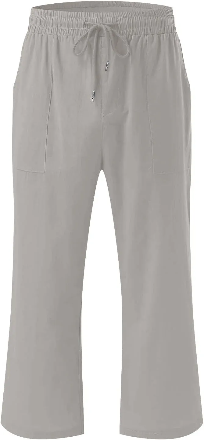 Womens Wide Leg Capris Casual Summer Elastic High Waist Cotton Linen Carpi Pants Loose Comfy Cropped Lounge Trousers