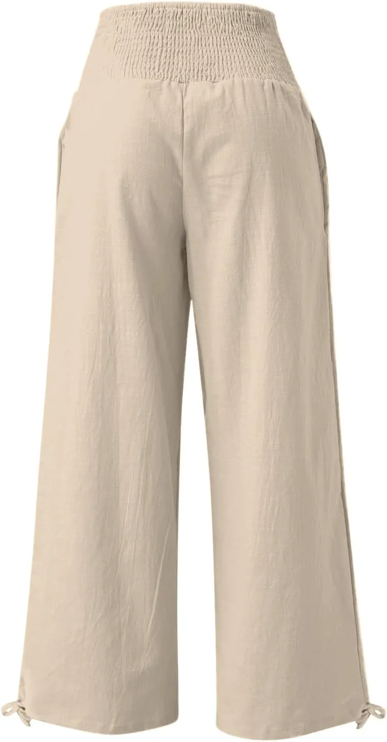 Womens Wide Leg Casual Pants Elastic Pleated Waist High Waisted Joggers Pant Loose Solid Color Trousers with Pocket