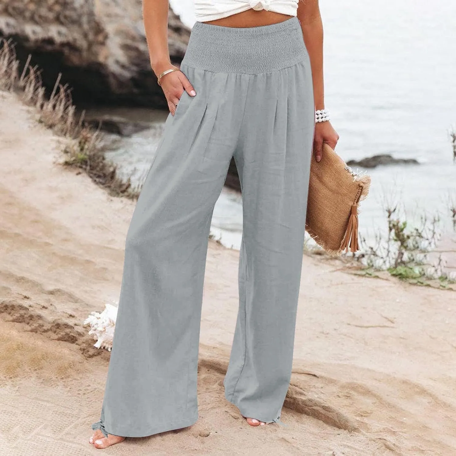 Womens Wide Leg Casual Pants Elastic Pleated Waist High Waisted Joggers Pant Loose Solid Color Trousers with Pocket