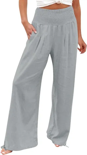 Womens Wide Leg Casual Pants Elastic Pleated Waist High Waisted Joggers Pant Loose Solid Color Trousers with Pocket