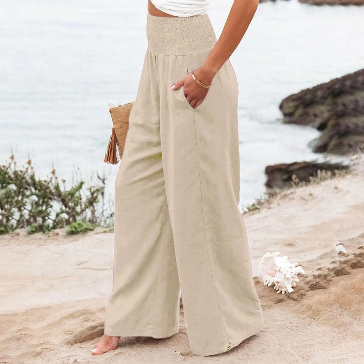 Womens Wide Leg Casual Pants Elastic Pleated Waist High Waisted Joggers Pant Loose Solid Color Trousers with Pocket