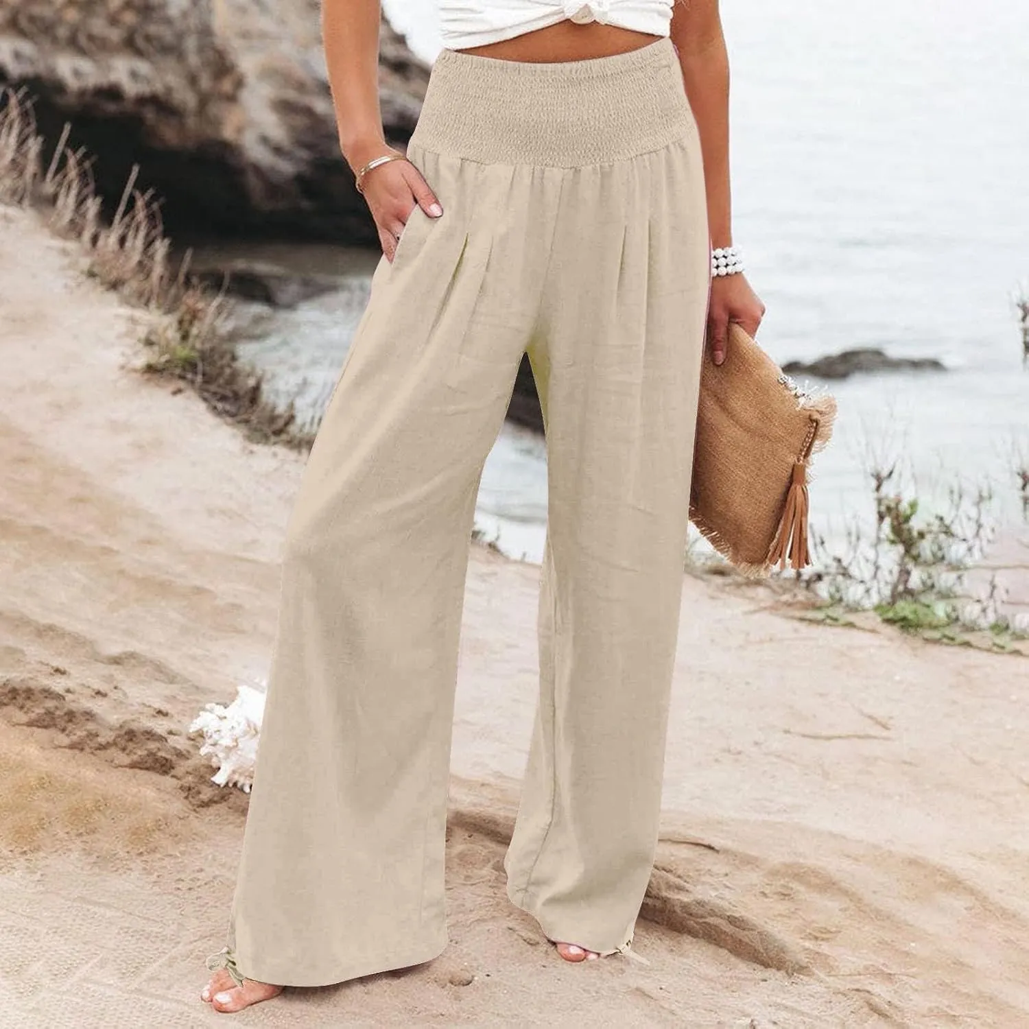 Womens Wide Leg Casual Pants Elastic Pleated Waist High Waisted Joggers Pant Loose Solid Color Trousers with Pocket