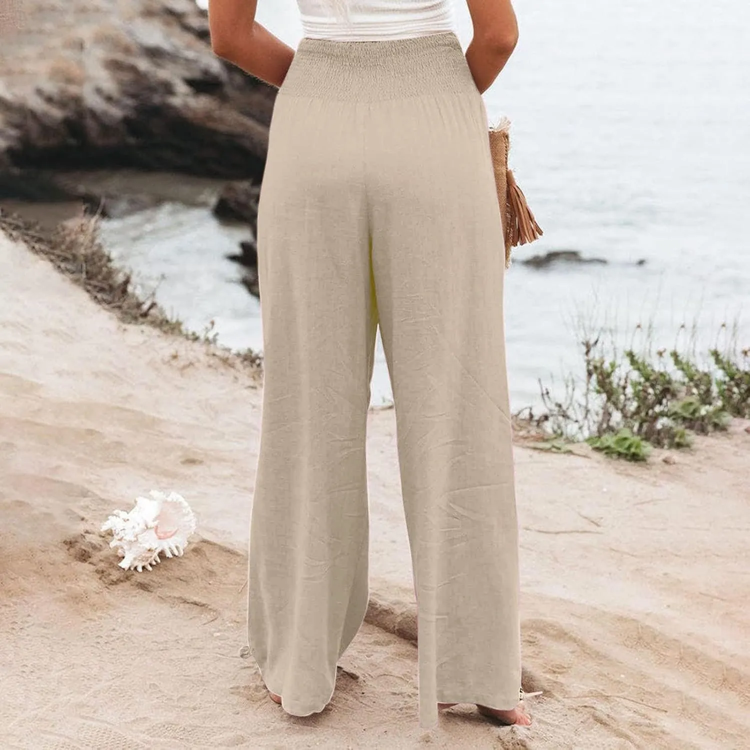 Womens Wide Leg Casual Pants Elastic Pleated Waist High Waisted Joggers Pant Loose Solid Color Trousers with Pocket