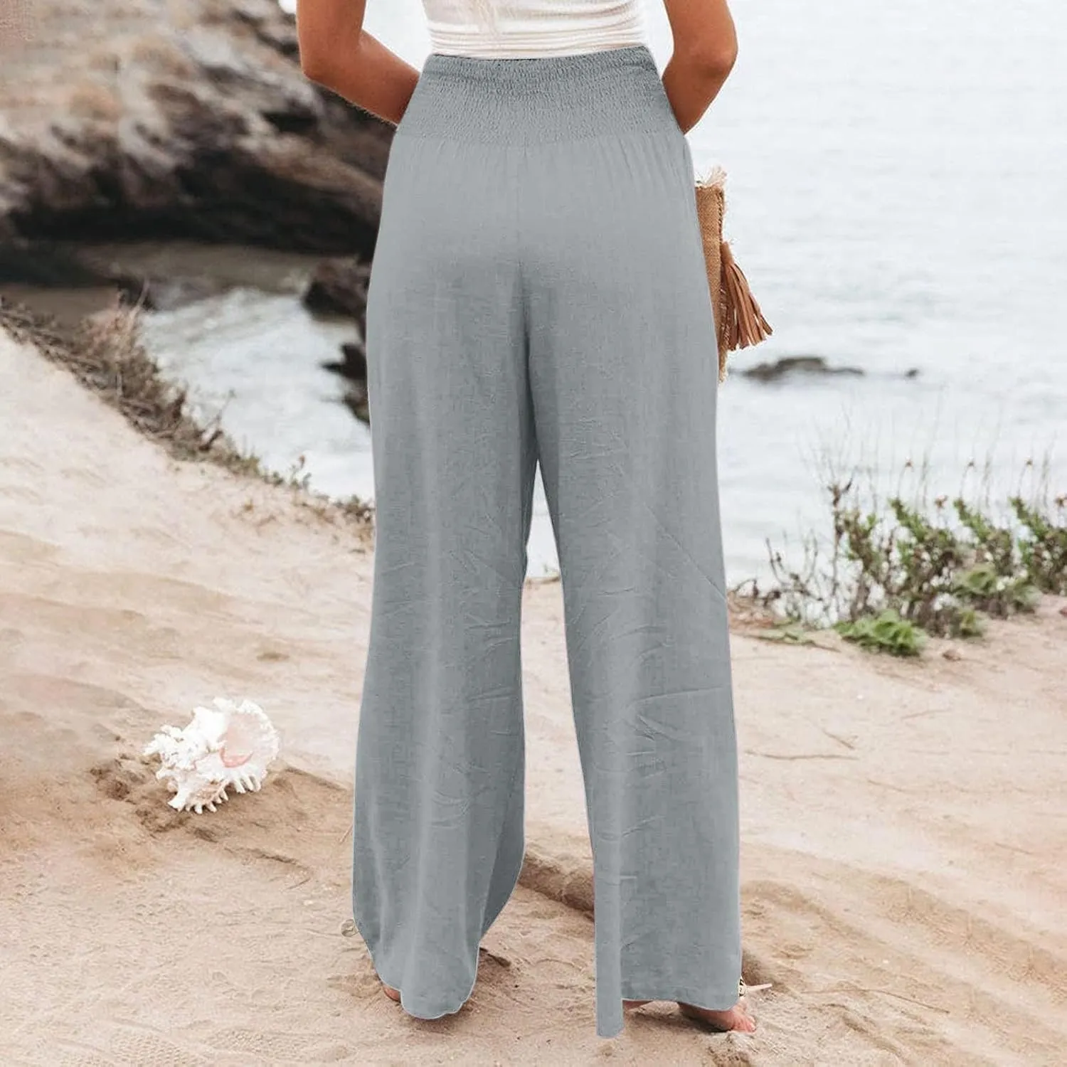 Womens Wide Leg Casual Pants Elastic Pleated Waist High Waisted Joggers Pant Loose Solid Color Trousers with Pocket