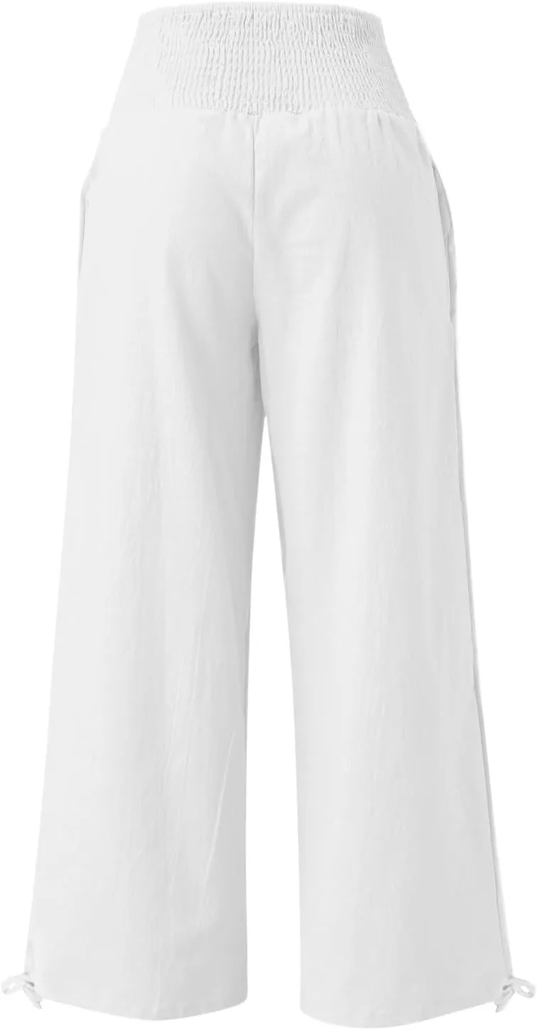 Womens Wide Leg Casual Pants Elastic Pleated Waist High Waisted Joggers Pant Loose Solid Color Trousers with Pocket