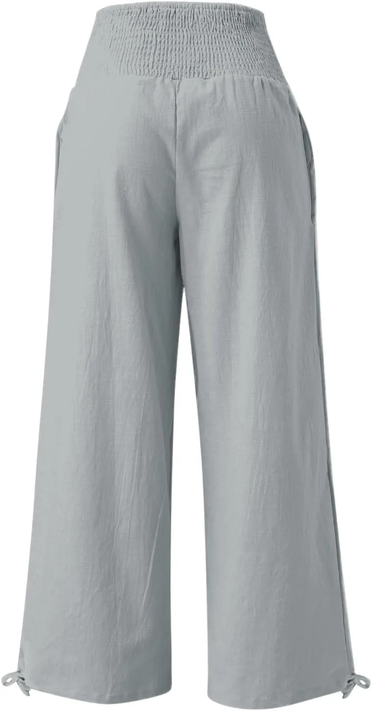 Womens Wide Leg Casual Pants Elastic Pleated Waist High Waisted Joggers Pant Loose Solid Color Trousers with Pocket