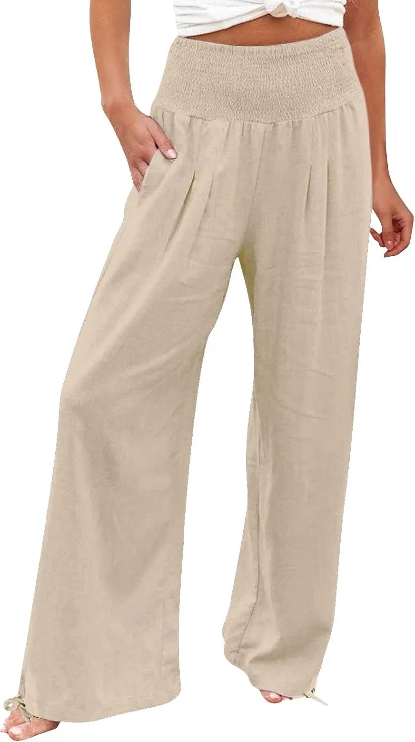 Womens Wide Leg Casual Pants Elastic Pleated Waist High Waisted Joggers Pant Loose Solid Color Trousers with Pocket