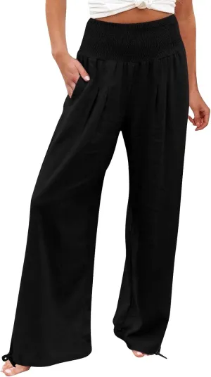 Womens Wide Leg Casual Pants Elastic Pleated Waist High Waisted Joggers Pant Loose Solid Color Trousers with Pocket