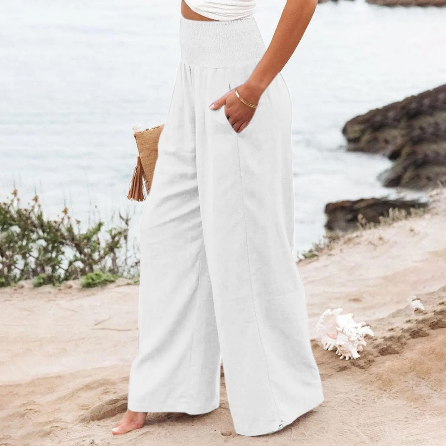 Womens Wide Leg Casual Pants Elastic Pleated Waist High Waisted Joggers Pant Loose Solid Color Trousers with Pocket