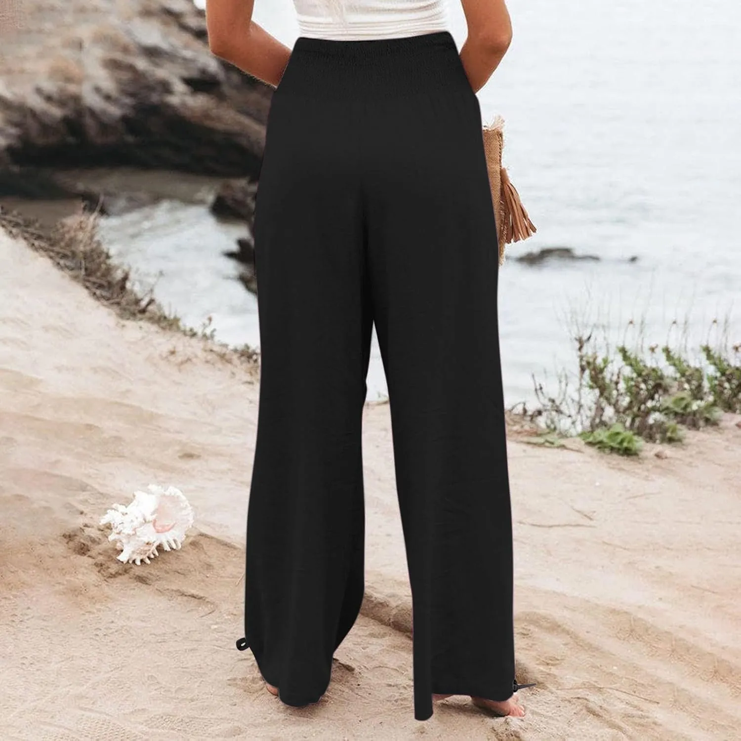 Womens Wide Leg Casual Pants Elastic Pleated Waist High Waisted Joggers Pant Loose Solid Color Trousers with Pocket