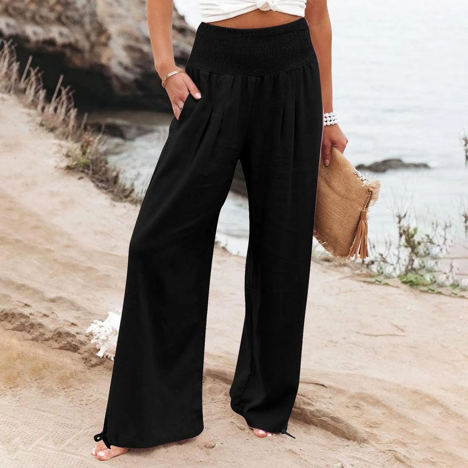 Womens Wide Leg Casual Pants Elastic Pleated Waist High Waisted Joggers Pant Loose Solid Color Trousers with Pocket