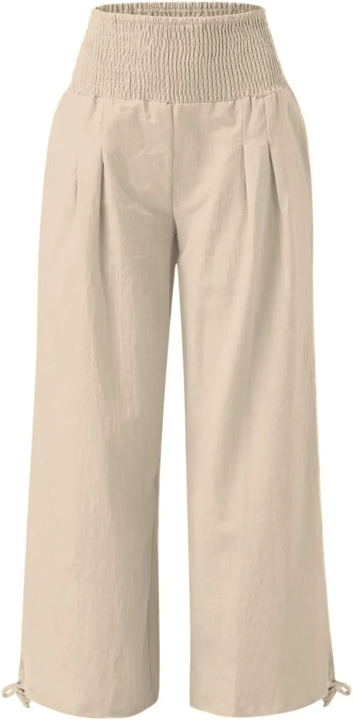 Womens Wide Leg Casual Pants Elastic Pleated Waist High Waisted Joggers Pant Loose Solid Color Trousers with Pocket