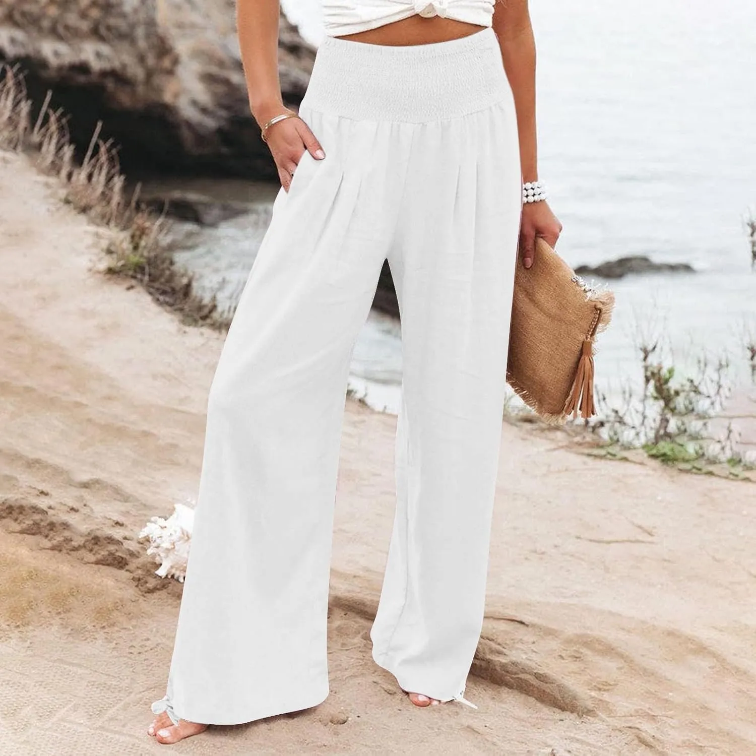 Womens Wide Leg Casual Pants Elastic Pleated Waist High Waisted Joggers Pant Loose Solid Color Trousers with Pocket