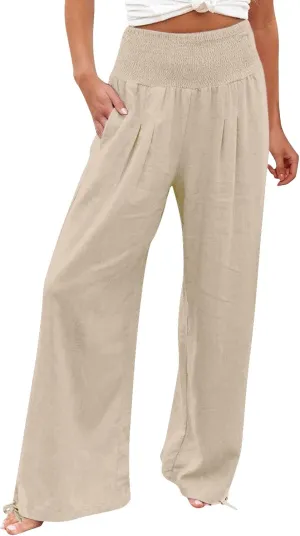Womens Wide Leg Casual Pants Elastic Pleated Waist High Waisted Joggers Pant Loose Solid Color Trousers with Pocket