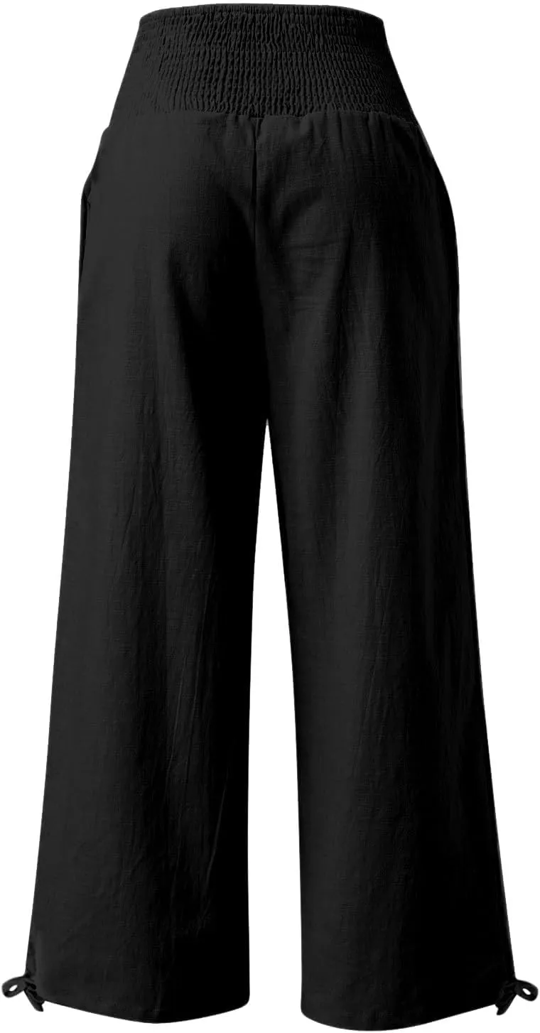 Womens Wide Leg Casual Pants Elastic Pleated Waist High Waisted Joggers Pant Loose Solid Color Trousers with Pocket