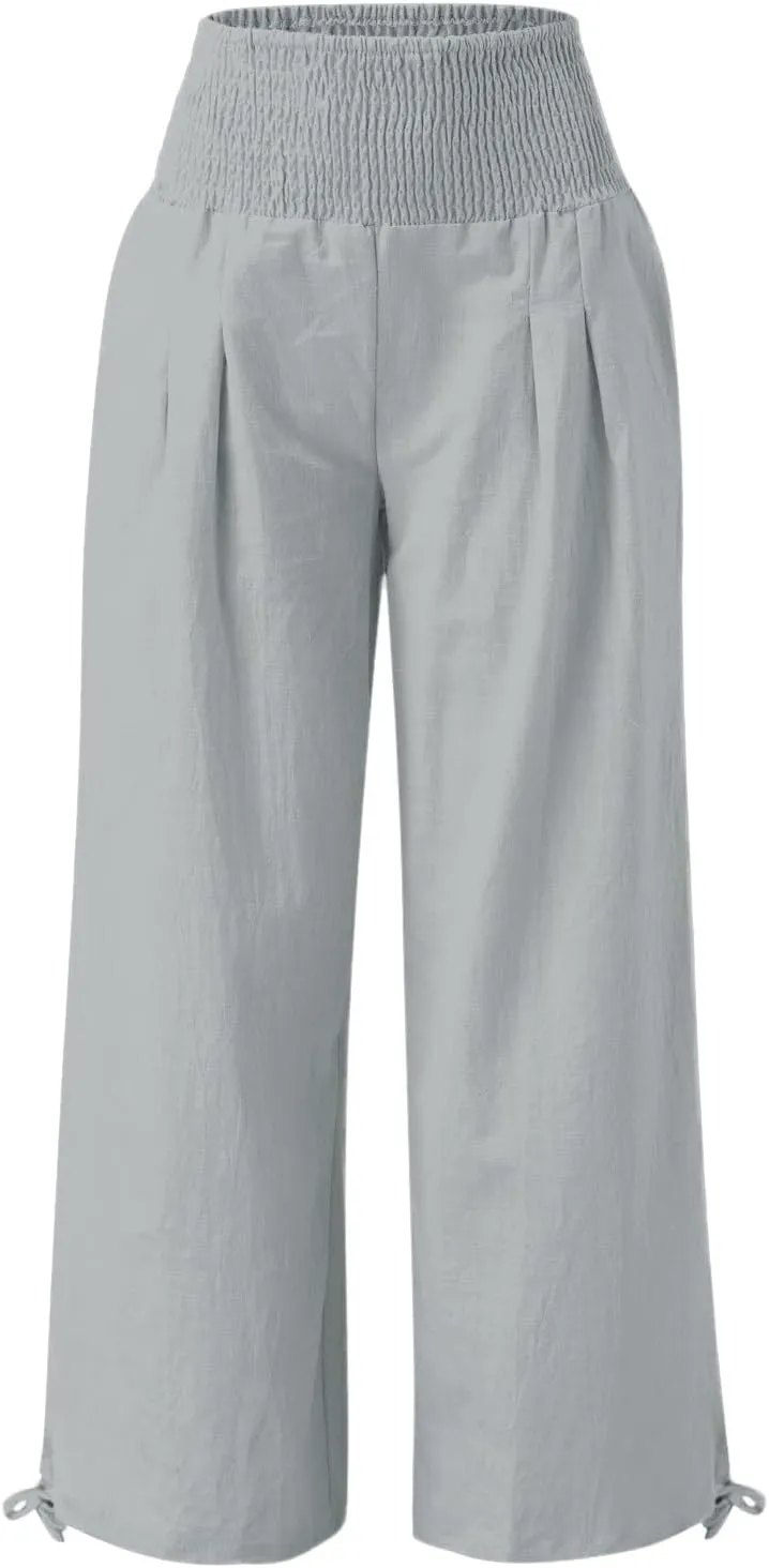 Womens Wide Leg Casual Pants Elastic Pleated Waist High Waisted Joggers Pant Loose Solid Color Trousers with Pocket