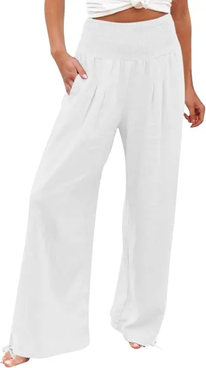 Womens Wide Leg Casual Pants Elastic Pleated Waist High Waisted Joggers Pant Loose Solid Color Trousers with Pocket
