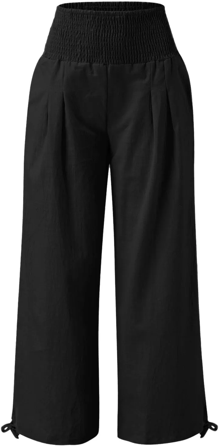 Womens Wide Leg Casual Pants Elastic Pleated Waist High Waisted Joggers Pant Loose Solid Color Trousers with Pocket