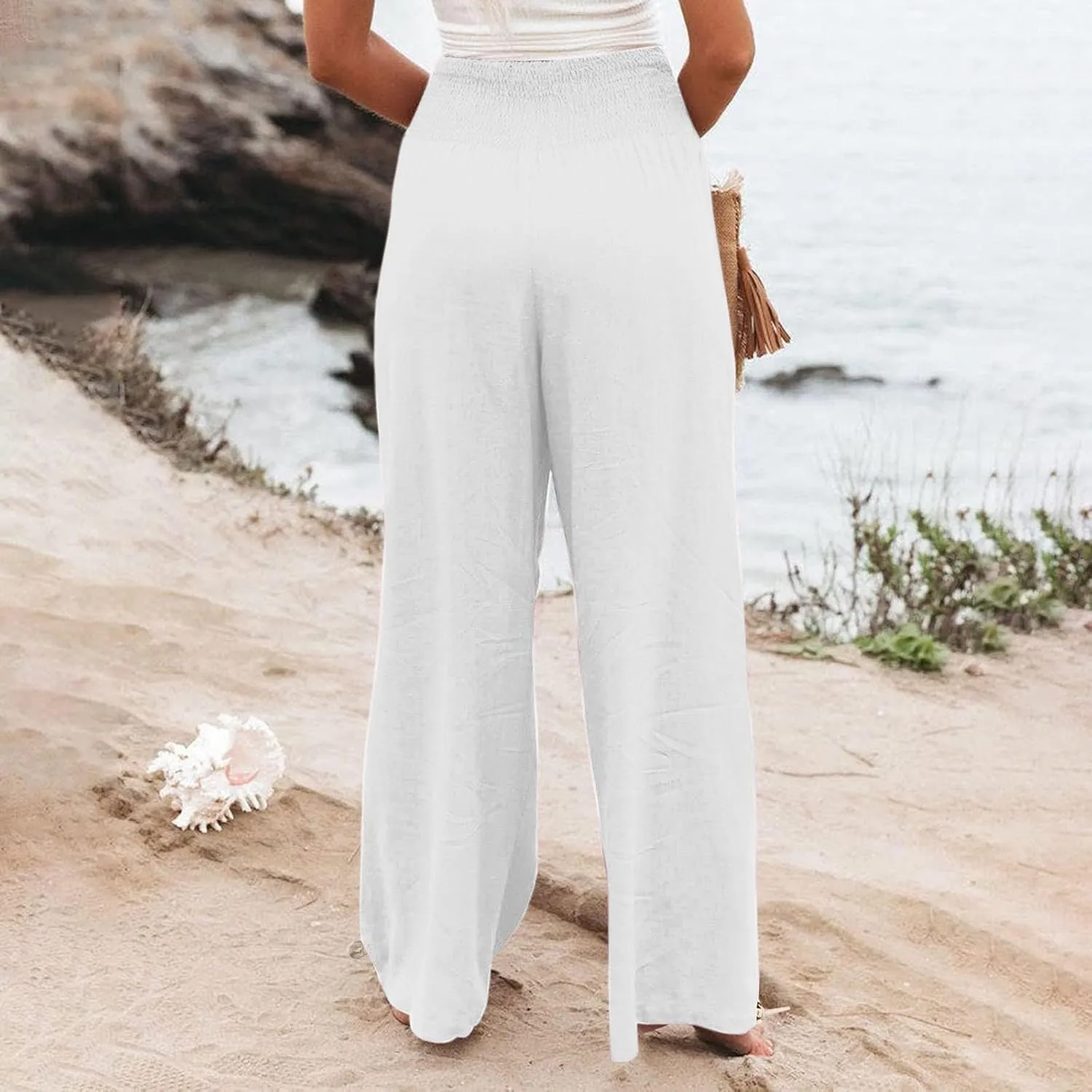 Womens Wide Leg Casual Pants Elastic Pleated Waist High Waisted Joggers Pant Loose Solid Color Trousers with Pocket